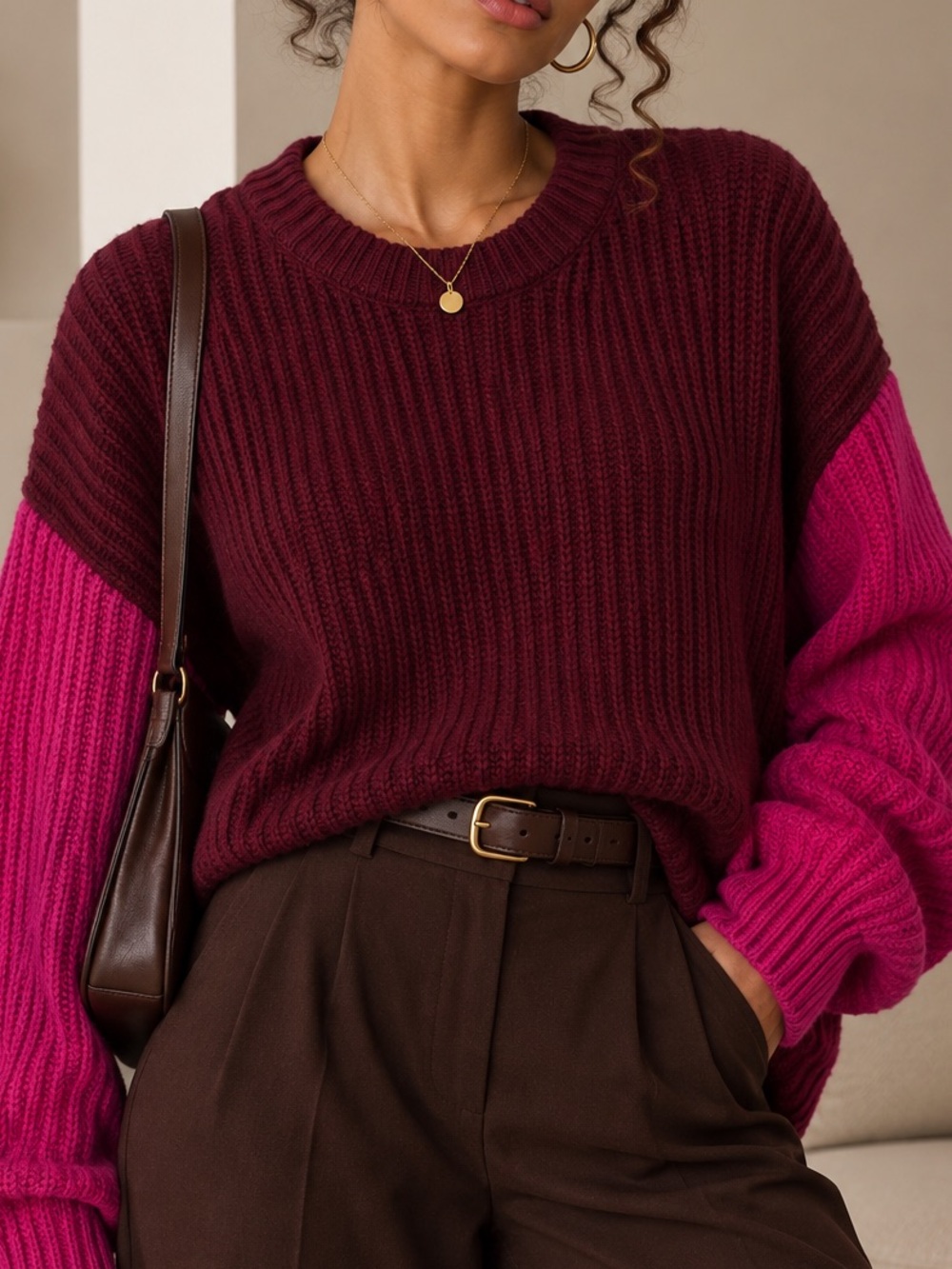 a new day Two-Tone Ribbed Crew Sweater in Burgundy and Hot Pink